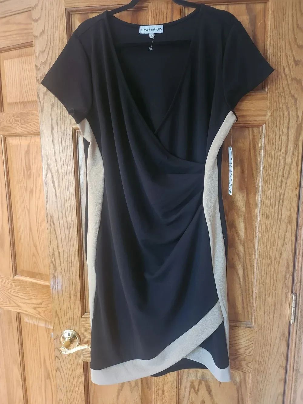 Alex Evenings Black and Beige Faux-Wrap Midi Dress